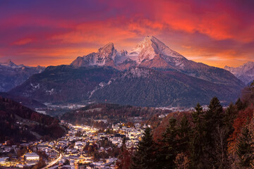Aufkleber - Incredible morning countryside. Impressive mountain scenery in the Bavarian Alps with bloody sky. Alpine village of Berchtesgaden  and Watzmann massif in background. Popular travel destination