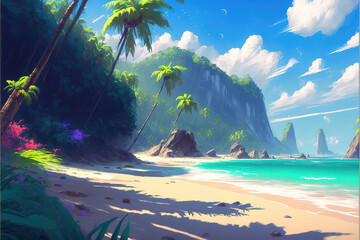 a wonderful beach scene at day with a lot of palms, anime manga style, generative ai technology