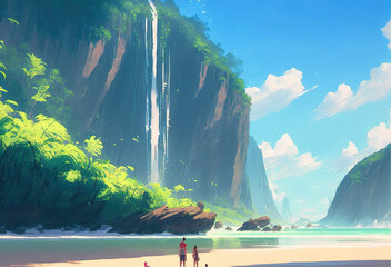 a beautiful beach scene with a little waterfall, anime illustration, generative ai technology