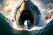 Giant Deep Sea Megalodon Shark Monster Eating An Ocean Cruiser Ship Illustration