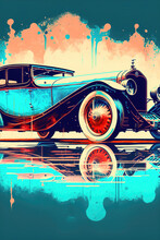 a classic vintage poster illustration of an oldtimer car, generative ai technology