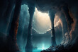 Underground crystal stalactite cavern system with lake and glowing blue lights in caves landscape