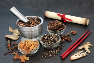 Canvas Print - Ancient traditional Chinese herbal plant medicine concept. Preparation of herbs, spice for natural medicinal treatment with parchment scroll for prescription recipe.   