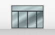 Store entrance. Realistic glass doors. Shop storefront. Exterior front of office or supermarket. View of mall wall. Transparent doorway. Showcase windows. Vector 3D neoteric mockup