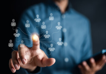 Businessman touching to access system. Web developer, web master, web design, web development, Programmers and cyber security technologies design websites and security in the Social World, cyberspace.