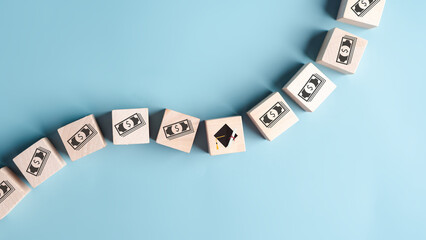 Aufkleber - Investing money for education concept. Education fees and cost of college graduate. Tuition fees and total cost of a degree in education. graduation icon on wood cube block.