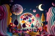 A fantastical landscape of candy inspired shapes and colorful Generative AI