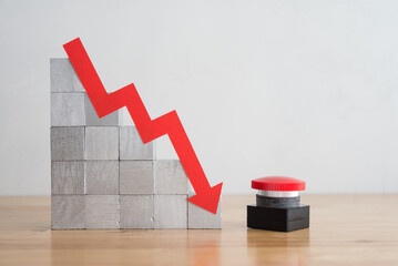 Wall Mural - Red graph bar chart falling down, stop reset button on wooden table with white wall background copy space. Stop recession economy, global world economic crisis, inflation or FED control interest rates