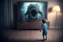 Un Enfant Regarde Un Film D'horreur à La Télé, Il A Peur, Programme Interdit Aux Enfant, Danger Des écrans, Concept - Illustration Ia