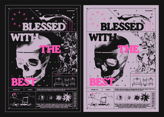 Wall Mural - retro futuristic poster with human skull. abstract print with noise, for streetwear, print for t-shi