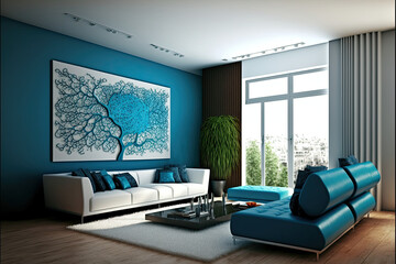 Panoramic Blue Modern Living Room Design. Generative ai