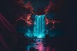 A mystic neon-lit waterfall, generative ai