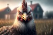 Portrait of chicken on a field closeup, farm in the background Generative ai
