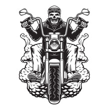 Vector Biker Illustration A Bearded Skeleton On A Motorcycle On A White Background