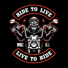 vector biker patch with a skull on a motorcycle on a dark background