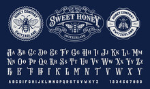 Set Of Vintage Honey Labels Templates With Vintage Font On A Dark Background