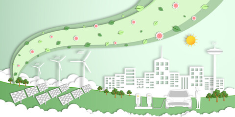 Wall Mural - Renewable energy concept, Environmentally sustainability ecological, City with Electric car and Electricity from wind power generators, Solar panels, Green power technology connected to smart urban.