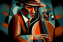 Afro-American Male Jazz Musician Bassist Playing A Double Bass In An Abstract Cubist Style Painting For A Poster Or Flyer, Computer Generative AI Stock Illustration