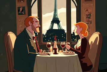 Couple in restaurant for Valentine's day - dinner table, Eiffel Tower view - Generative AI