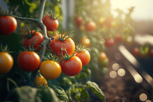 Tomatoes Growing In Greenhouse - Generative AI