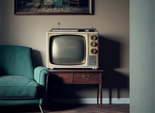 Retro Television From The Fifties, Old Fashioned Vintage Living Room Illustration, Generative AI Unreal Tv Models