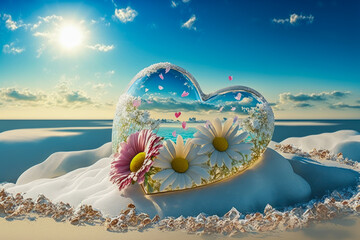 Wall Mural - Two glass hearts with flowers on the beach, valentine's day concept, lovers, generative ai