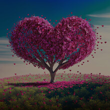 Heart Shaped Tree, Blooming Pink Heart Flowers, Valentine's Day, Love, Nature