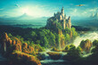 Beautiful of fantasy fairy tale castle on waterfall with hills and mountain scenery. Splendid greenery and forest landscape like it came out from fairytale. Generative AI