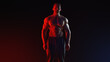 © USM Photography - Fitness handsome and shirtless man standing on black background. Creative Neon Red Blue light