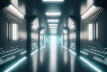 Empty Sci-fi Futuristic Room Of Spaceship With Blue Light Decoration . Super Modern Interior Design. Peculiar AI Generative Image.