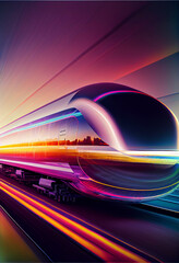 Poster - beautiful abstract train  driving fast with colorful light trails. 