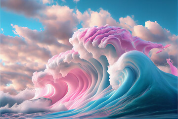 Beautiful image of a wave of water and clouds in pastel colors and a pink and blue hues, with a light pink and blue hued background of a white and pink.