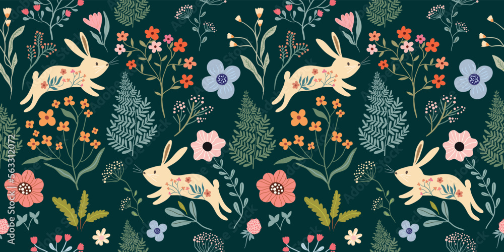 Spring seamless pattern with floral design and cute bunnies, different ...
