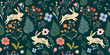 © lilett - Spring seamless pattern with floral design and cute bunnies, different flowers and plants, seasonal wallpaper