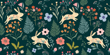 Spring Seamless Pattern With Floral Design And Cute Bunnies, Different Flowers And Plants, Seasonal Wallpaper