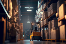 Forklift Loads Pallets And Boxes In Warehouse - AI Generative