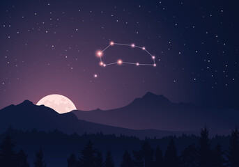 Wall Mural - vector constellation piscis austrinus in dark purple, starry sky. misty hills, rising moon, dark for