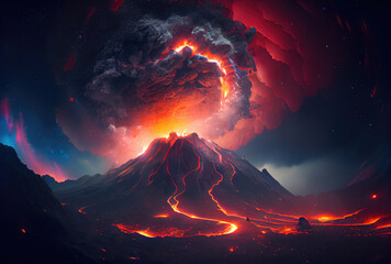 The volcano erupted with hot lava and black smoke covering the sky. Nature and disaster concept. Generative AI