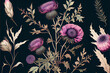 Vintage floral botanic patten with thistle and wildflowers, generative ai