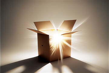 Wall Mural - Light coming out of an open cardboard box with a surprise and magical feel, generative AI