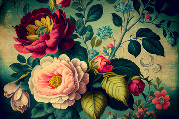 Wall Mural - Vintage floral pattern with roses and peonies, in beautiful romantic colors ideal for backgrounds