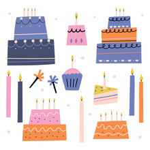 Set Colorful Birthday Cake With Candles. Vector Hand Drawn Isolated Illustration For Birthday Party