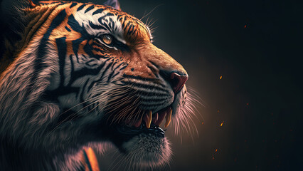 Side profile portrait of a tiger on dark backdrop created with Generative AI Technology