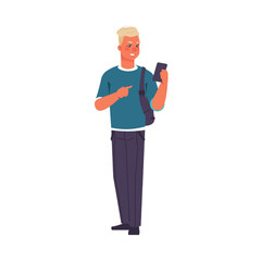 Poster - Man hold smartphone. People using phone collection. Internet communication. Web messenger. Young modern character. Network conversation. Online discussion. Vector boy chatting illustration