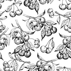 Wall Mural - Cherry  seamless pattern. Sketch style. Vector design elements, transparent background