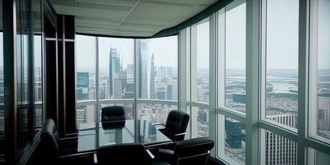 Executive corner office in a high rise, showing view of the city below. 