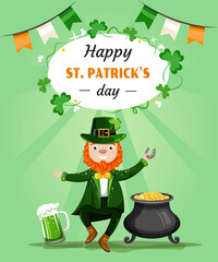 Happy St. Patric's day flat illustration fun leprechaun with hat and clover. Green orange and white festive colors. Irish celebrate party design card