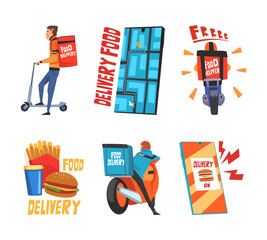 Poster - Delivery Service of Takeaway Food with Deliveryman and Smartphone App Vector Set