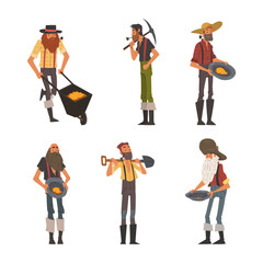 Wall Mural - Bearded Male Prospector Characters with Shovel and Pickaxe Vector Set