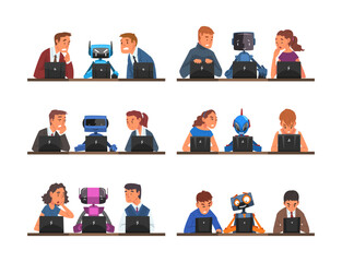 Sticker - Man and Woman Employee Competing with Robot Working at Laptop Vector Set